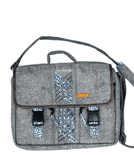 Diplomat Limbag - Soft Briefcase and Laptop Bag - Grey with a Hippie Blue and White African Print by Aflimba