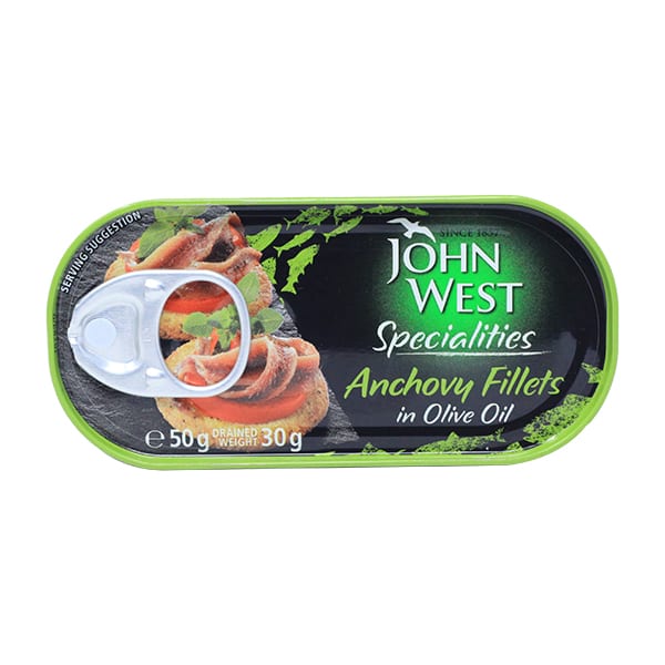 JOHN WEST ANCHOVY FILLETS IN OLIVE OIL 50G RwandaMart