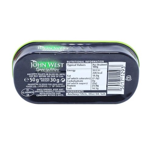 JOHN WEST ANCHOVY FILLETS IN OLIVE OIL 50G RwandaMart