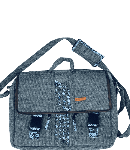 Messenger Crossbody Limbag - Soft Briefcase and Laptop Bag - Shuttle Grey with Hippie Blue African Print by Aflimba