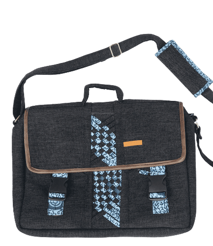 Messenger Crossbody Limbag - Soft Briefcase and Laptop Bag - Dark Grey color with Hippie Blue African Print by Aflimba