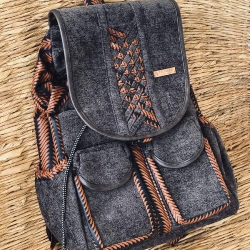 Sack Limbag - Backpack - Black with African wax fabrics and chocolate print by Aflimba