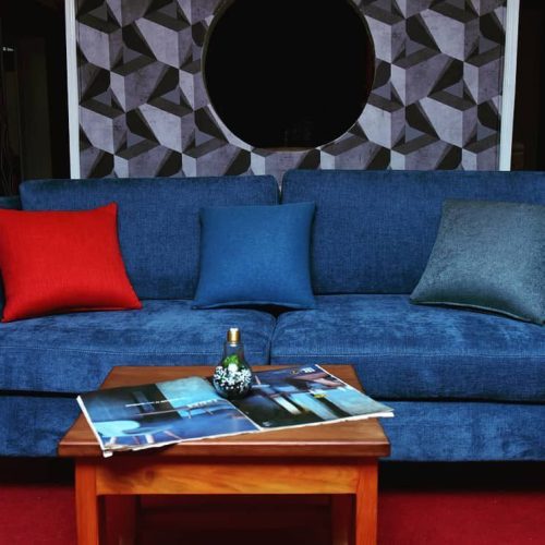 Velvet Blue Sofa 3 seater 2 chairs along with coffee table