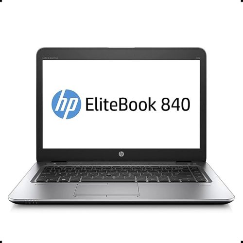 A renewed HP EliteBook 840 G3 laptop with a 14-inch HD display, showcasing its sleek design and modern features, set on a stylish desk with a soft-focus background.