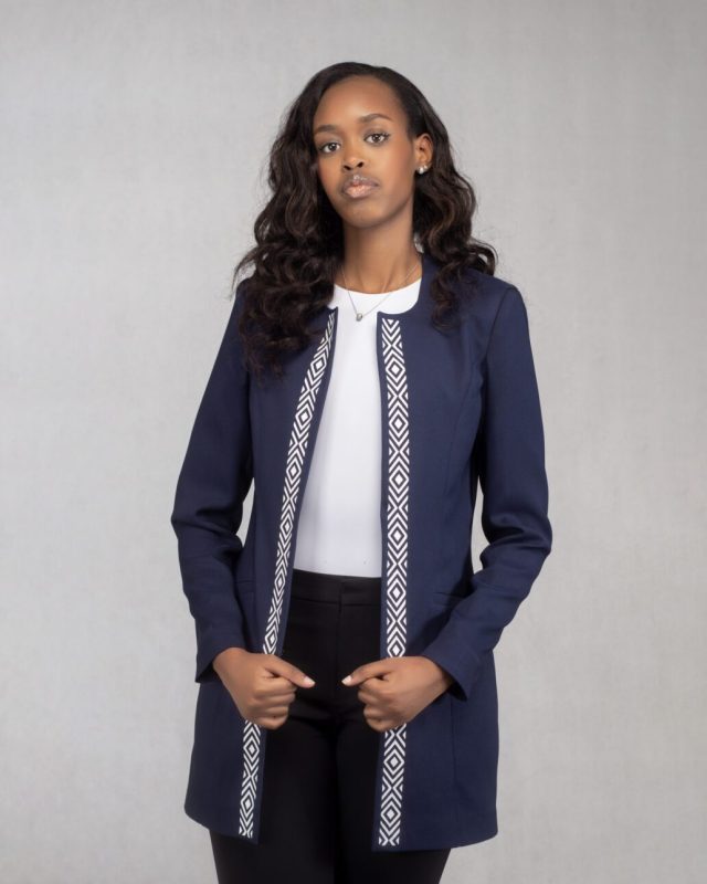 F and Y Made in Rwanda Dark Blue Women Blazer with Imigongo