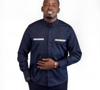 F&Y DARK BLUE MADE IN RWANDA SHIRT WITH WHITE AND YELLOW IMIGONGO