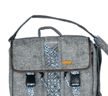 Diplomat Limbag – Soft Briefcase and Laptop Bag – Grey with a Hippie Blue and White African Print by Aflimba