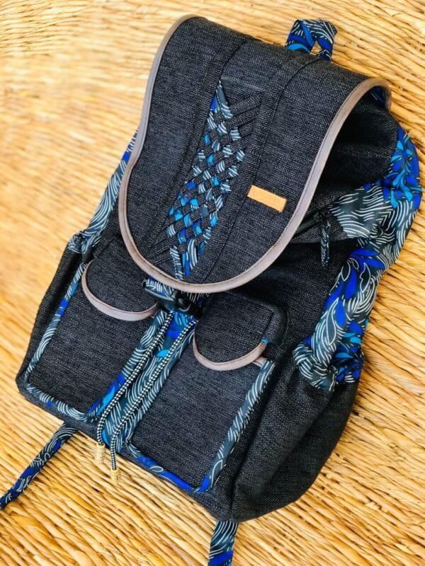 Sack Limbag-Soft Backpack And Laptop Bag - Bold Black With Blue Kitenge African Print By Aflimba