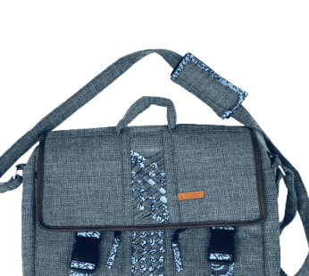 Messenger Crossbody Limbag – Soft Briefcase and Laptop Bag – Shuttle Grey with Hippie Blue African Print by Aflimba