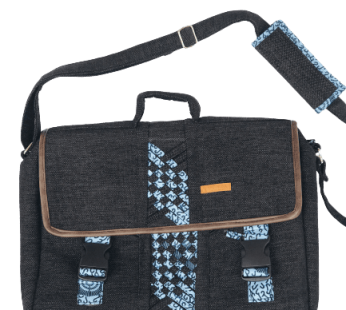 Messenger Crossbody Limbag – Soft Briefcase and Laptop Bag – Dark Grey color with Hippie Blue African Print by Aflimba